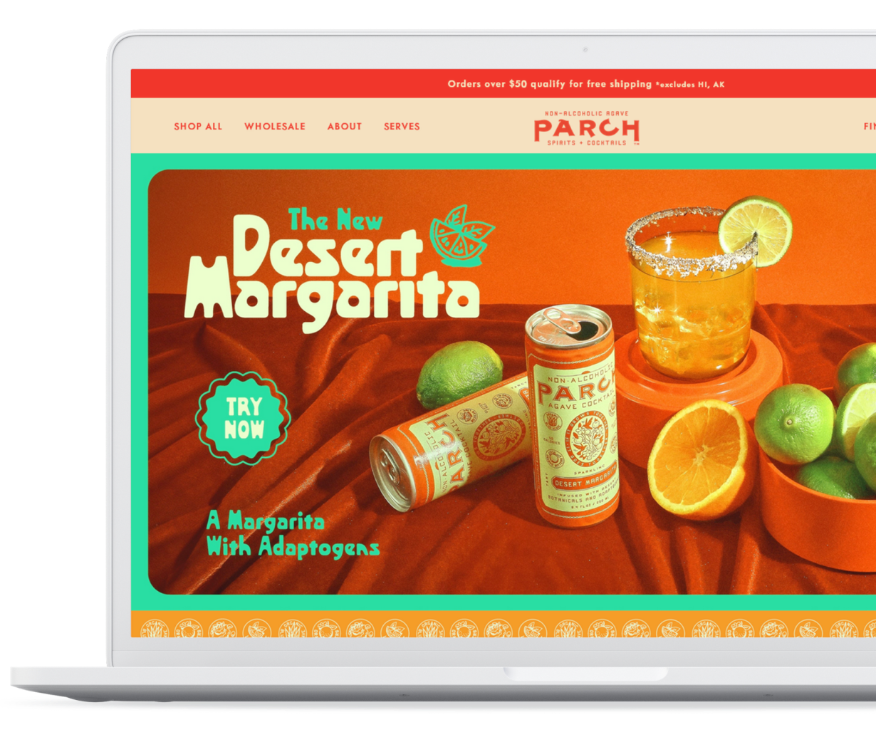 MacBook displays a Shopify store featuring "Drink Parch" - Shopify Speed Optimization & Migration Services