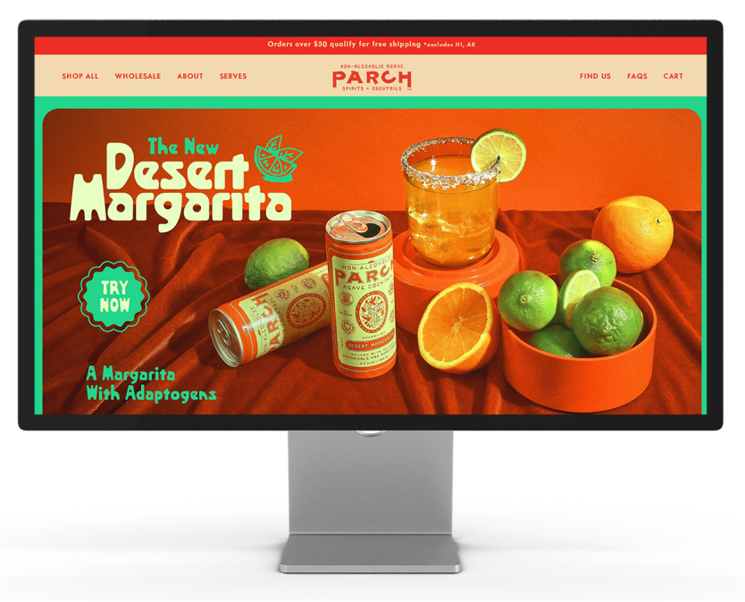 iMac displays a Shopify Plus store featuring "Drink Parch"