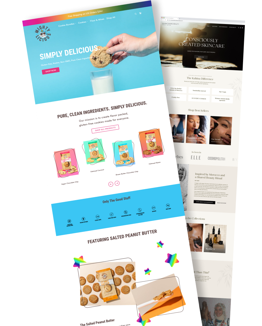 Shopify store Homepages "Mightylicious" & "Kahina-GivingBeauty" - Shopify Speed Optimization & Migration Services